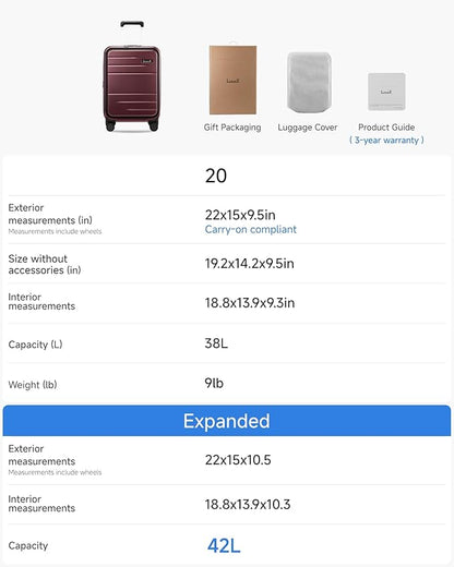 Carry On Luggage 22x14x9 Airline Approved, FLO5 Expandable Polycarbonate Suitcase with Front Pocket (FX-Core, Cheery, 20 Inch)