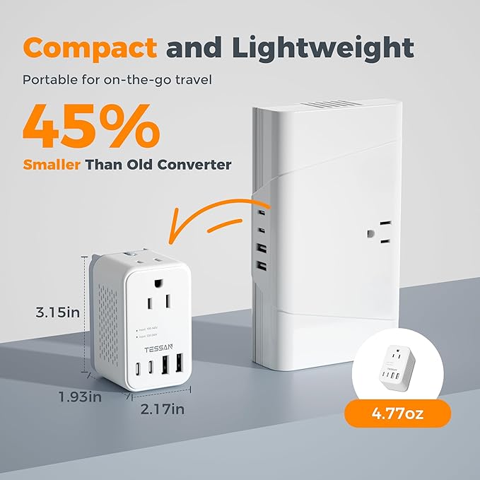 TESSAN 220 to 110 Voltage Converter US to Europe, International Travel Power Adapter with 4 USB Ports(2 USB C), 2 AC and EU/UK/AU Plug Universal Power Converter Adapter Combo, Step Down Transformer