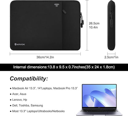 ARVOK 13 13.3 14 Inch Laptop Sleeve with Front Pocket, Shockproof 360 Protective Laptop Case Briefcase Handbag, Computer Carrying Bag Compatible with MacBook Air/Pro, Lenovo/HP/Dell/Asus/Acer, Black