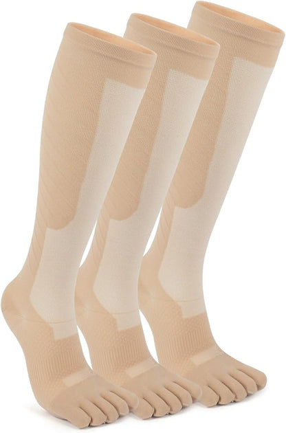 Compression Toe Socks for Men and Women 15-20mmHg, 3 Pairs, Knee High Five Finger Stockings