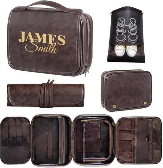 HDSD Custom 3-in-1 PU Leather Toiletry Bag For Men Personalized Hanging Travel Organizer Bag for Father Husband Boyfriend (Dark Brown)