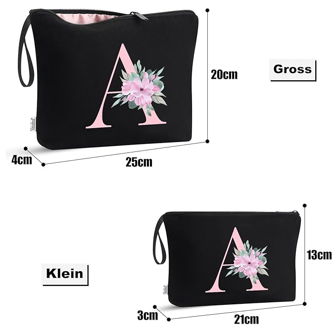 Vavabox A-Z Personalized Makeup Bag, Birthday Gifts for Women Mom, Gifts for Best Friend, Bride Bridesmaid Cosmetic bag (C, 04-Black Set)