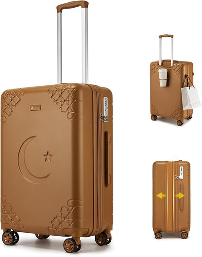 Somago Expandable Carry On luggage with Shock-Absorbing Braking Spinner Wheels Moon Star Design Hard Shell Suitcase with Cupholder TSA Lock (Toffee Brown,Expandable 20 Inch)