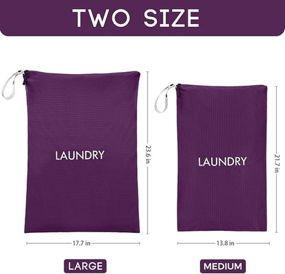 Travel Laundry Bag (2 Pcs - Large + Medium) - Foldable Waterproof Washable Wet Dry Bag for Gym, Swimming, Yoga, and Workout Perfect for Dirty Clothes, Bathing Suits, Travel Accessories (Purple)