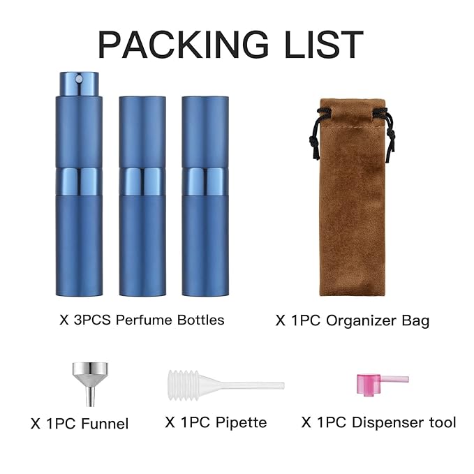 LISAPACK 8ML Atomizer Perfume Spray Bottle for Travel (3 PCS) Empty Cologne Dispenser, Portable Sprayer (Blue)