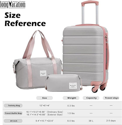 LONG VACATION 3 Piece Carry On Luggage 20 Inch Suitcase with Spinner Wheels, ABS+PC Hardshell Suitcase set with TSA Lock & YKK Zipper