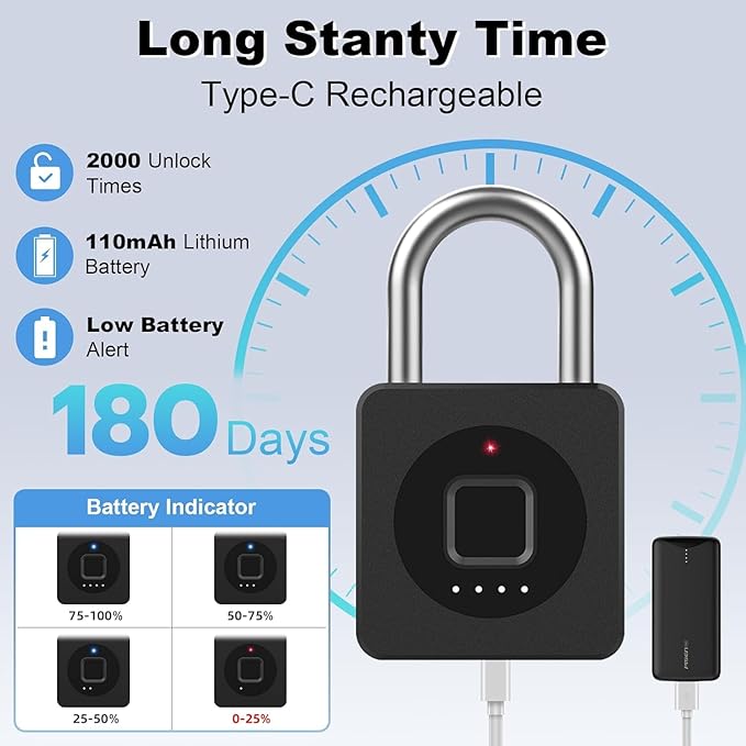 Fingerprint Padlock with Cable 130 cm eLinkSmart Fingerprint Lock App Unlock Keyless Biometric Outdoor Waterproof Padlock for Gym Locker Helmet Gate Fence Luggage Black