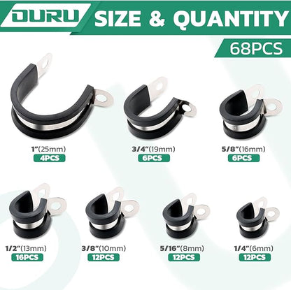 68PCS Cable Clamps Assortment Kit,7 Sizes Stainless Steel Rubber Coated Cushioned Insulated Cable Clamps-Metal Wire Clamps,Pipe Clamps for Tube,Lines