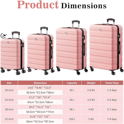 AnyZip Luggage Sets 4 Piece Hardshell Suitcase Set PC ABS Lightweight Travel Suitcases with 4 Double Spinner Wheels TSA Lock 20 24 28 32 Inch Pink