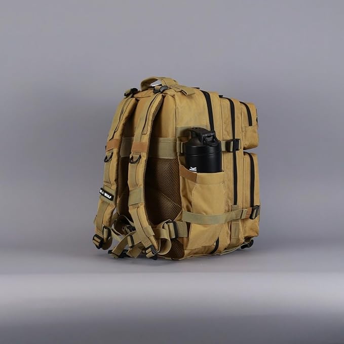 WOLFpak 35L Athletic Gym Backpack - Durable 1000D Waterproof Oxford Material with MOLLE Webbing, Laptop Pocket & Dual Cup Holders, Durable Fitness/Travel/Military Daypack (Khaki)