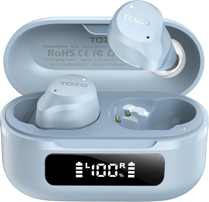 TOZO NC9 Hybrid Active Noise Cancelling Wireless Earbuds, 6 Mics ENC Clear Call, IPX8 Waterproof, in Ear Bluetooth 5.3 Headphones Stereo Bass Ear Buds 59H Playtime with LED Display 32 EQs via APP