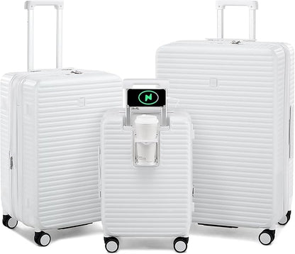 Hard Shell Suitcases Expandable Travel Luggage Sets 3 Piece, Carry on and Check in 3 Piece Luggage Suitcase Sets with Spinner Wheels Cup Holder Charger Built in (White, 20/24/28)