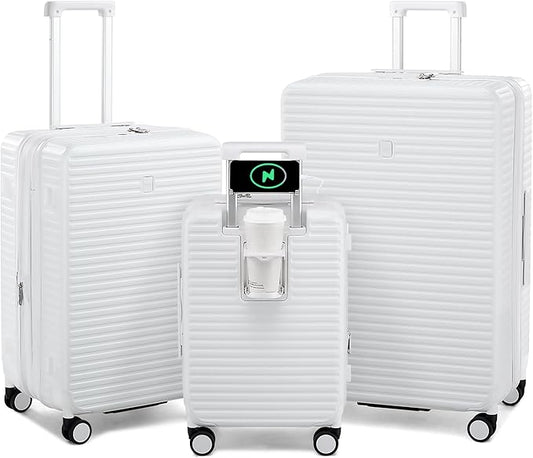 Hard Shell Suitcases Expandable Travel Luggage Sets 3 Piece, Carry on and Check in 3 Piece Luggage Suitcase Sets with Spinner Wheels Cup Holder Charger Built in (White, 20/24/28)
