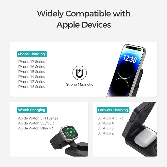 ANJANK 3 in 1 Portable Wireless Charging Station, Removable 5000mAh Mag-Safe Power Bank, Foldable Travel Magnetic Charger Stand for iPhone 17 16 15 14 13 12 Pro Max Plus, Apple Watch Series, AirPods