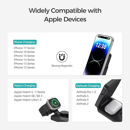 ANJANK 3 in 1 Portable Wireless Charging Station, Removable 5000mAh Mag-Safe Power Bank, Foldable Travel Magnetic Charger Stand for iPhone 17 16 15 14 13 12 Pro Max Plus, Apple Watch Series, AirPods