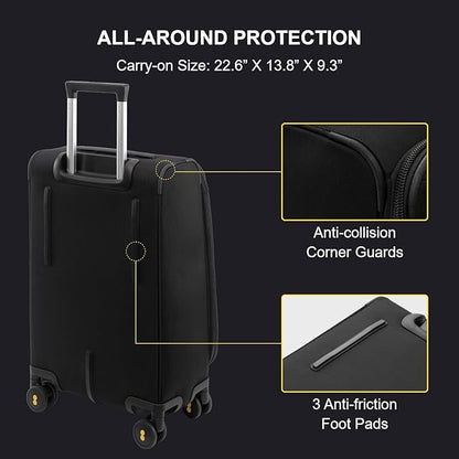 LEVEL8 Carry On Luggage Airline Approved with Compartment, Softside Expandable Rolling Suitcase with Spinner Wheels, Black, Carry-On 20-Inch