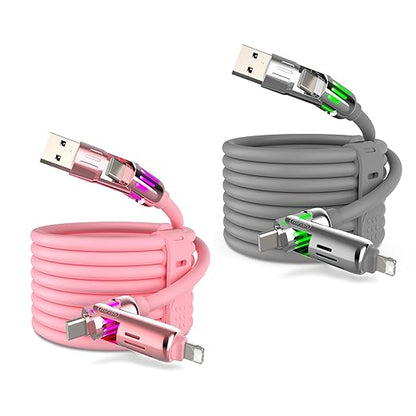 MFish 240W 4-in-1 Universal USB Charging Cable [2 Pack, 6.6ft] – Fast Charger Cord with USB-A, Dual USB-C & Lighting, for iPhone 14/15/16/17 Series, iPad & MacBook & More (2PACK, Pink+Grey, 6.6Ft)