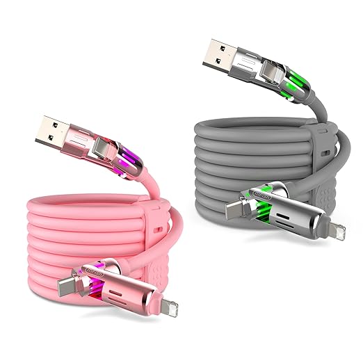 MFish 240W 4-in-1 Universal USB Charging Cable [2 Pack, 6.6ft] – Fast Charger Cord with USB-A, Dual USB-C & Lighting, for iPhone 14/15/16/17 Series, iPad & MacBook & More (2PACK, Pink+Grey, 6.6Ft)