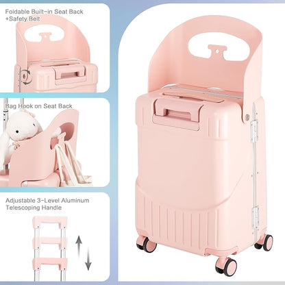 smilesun 20" Carry On Luggage with Seat For Kids & Adults，Hardside Ride On Suitcase with 360°Spinner and TSA Lock For Travel(Light Pink, 20-in)