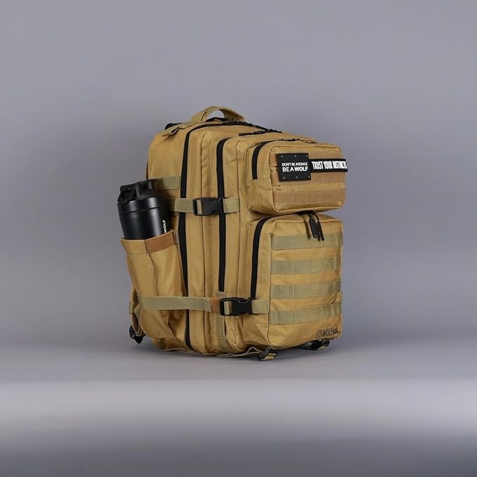 WOLFpak 35L Athletic Gym Backpack - Durable 1000D Waterproof Oxford Material with MOLLE Webbing, Laptop Pocket & Dual Cup Holders, Durable Fitness/Travel/Military Daypack (Khaki)
