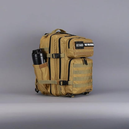 WOLFpak 35L Athletic Gym Backpack - Durable 1000D Waterproof Oxford Material with MOLLE Webbing, Laptop Pocket & Dual Cup Holders, Durable Fitness/Travel/Military Daypack (Khaki)