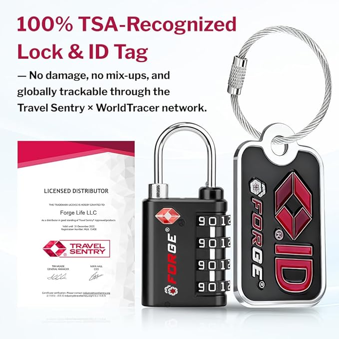 Forge Dual-Opening: Key or Combination Lock, TSA Approved Lock for Luggage, Pelican case, Travel, Gym, School, Luggage Combination Lock, Travel Bag Lock (Black 4 Locks and 2 ID)