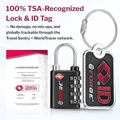 Forge Dual-Opening: Key or Combination Lock, TSA Approved Lock for Luggage, Pelican case, Travel, Gym, School, Luggage Combination Lock, Travel Bag Lock (Black 4 Locks and 2 ID)