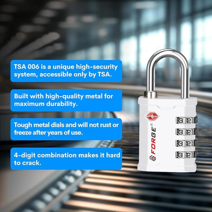 FORGE 4 Digit TSA Approved Combinaiton Lock, Great for Tool Box and Case Lock, Combination Padlock for Travel, White 1 Lock.