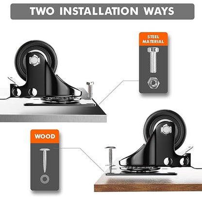 2 Inch Caster Wheels Heavy Duty, Casters Set of 4 with Brake, Locking Industrial Swivel Top Plate Casters Wheels for Furniture and Workbench Cart(Two Hardware Kits Include)