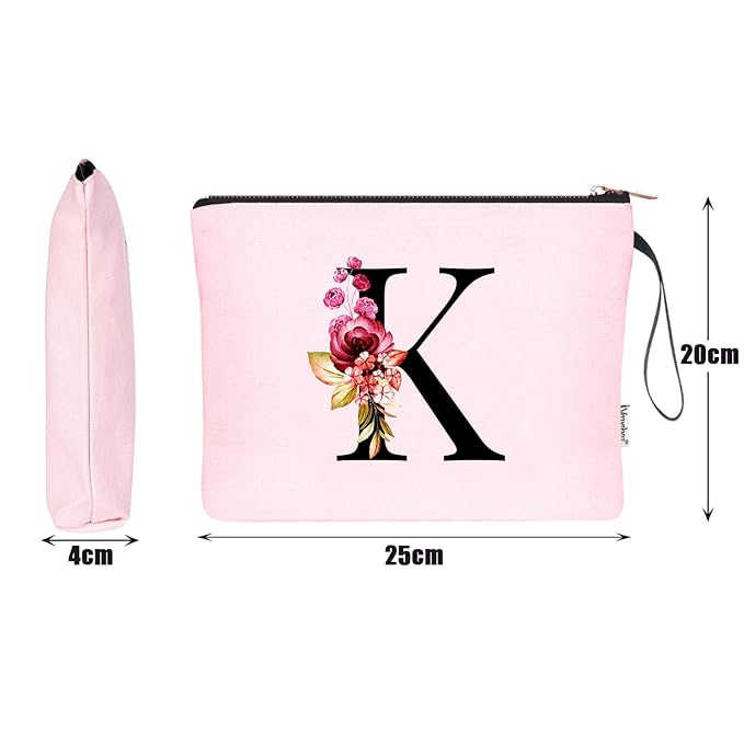 Vavabox A-Z Personalized Makeup Bag, Birthday Gifts for Women Mom, Gifts for Best Friend, Bride Bridesmaid Cosmetic bag (K, Pink)