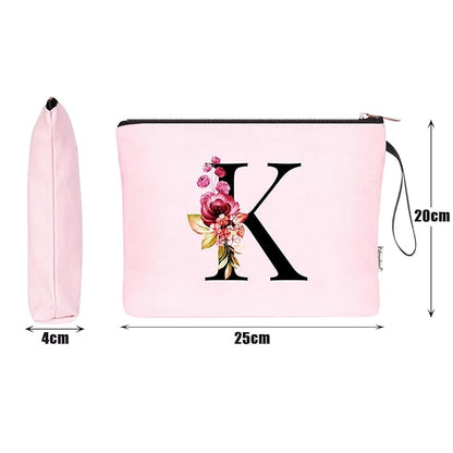 Vavabox A-Z Personalized Makeup Bag, Birthday Gifts for Women Mom, Gifts for Best Friend, Bride Bridesmaid Cosmetic bag (K, Pink)