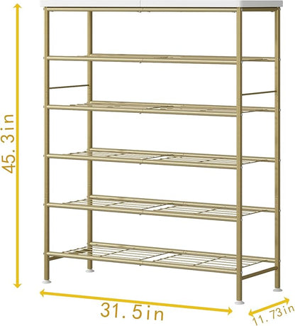 SUOERNUO Shoe Rack Organizer 6 Tier for Closet Entryway Free Standing Metal Storage Shoe Shelf with MDF Top Board，Gold