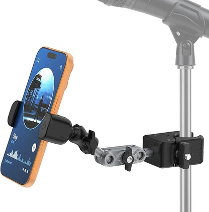 Mic Stand Phone Holder,2-Stage Magic Arm Super Clamp Phone Clip for Microphone Stand, Flexible Adjustable iPhone Music Stands Mount for iPhone17 16 15 14 13 12 11 Galaxy Nexus LG All Smartphones