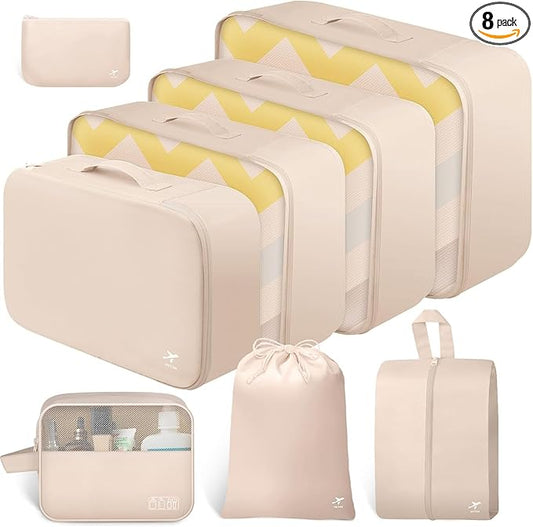 HOTOR Packing Cubes for Suitcases - 8 Pieces, Light Packing Cubes for Travel, Premium Suitcase Organizer Bags Set, Space-Saving Luggage Organizers, Travel Accessories and Essentials, Beige