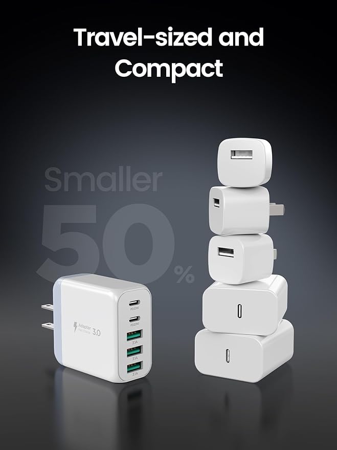 USB C Charger Block,50W 5-Port Fast Wall Charger,Dual Type-C & USB-A Multiport Charging Cube for iPhone 17/16/15/14/13 Pro Max,iPad,Samsung Galaxy–2 Pack,White