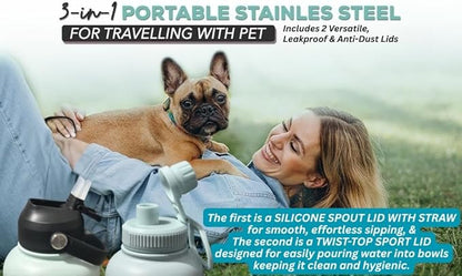 32oz Stainless Steel Dog Water Bottle, 3 in 1 Double-Walled Insulated, with 2 Bowls & 2 Different Leak-Proof Lids, Portable Travel Water Bottle for Pet & Humans, BPA-Free, Ideal for Walking & Outdoor