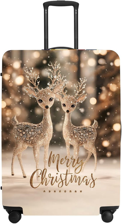 Deer Christmas Luggage Cover - Two Reindeer in Snow with Glowing Tree, Warm Winter Scene Suitcase Protector for 24 26 Inch Bag