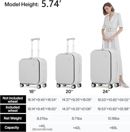 mixi Carry On Luggage, 18” Suitcase with Front Laptop Pocket, Travel Luggage Aluminum Frame PC Hardside with Spinner Wheels & TSA Lock and Cover (Not for Underseat), Smoke White