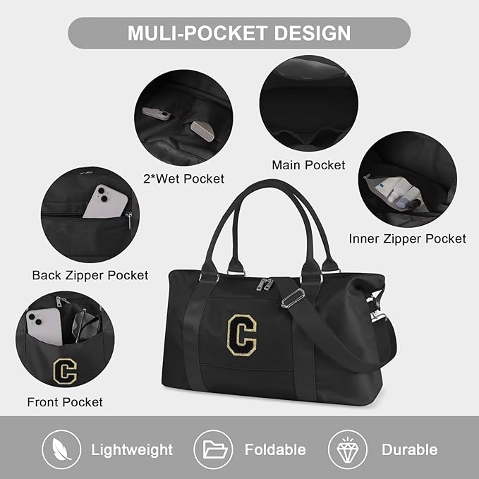 Dance Gym Duffel Bag for Teen Girls, Personalized Initial Travel Weekender Bag,Cute Overnight Carry On Duffle for Women,Sports Travel Cheer Bag,Monogram Christmas Gifts for Tween Preppy(black-C)