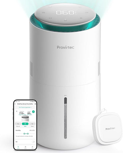 MistFree Smart Humidifier for Bedroom, Evaporative Humidifier No White Dust, Auto Humidity & APP Control, 3L Water Tank Easy to Clean, Sleep Mode, Timing, Humidifiers for Home/Office(White)