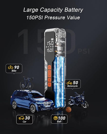 Tire Inflator Portable Air Compressor - 150PSI Cordless Air Pump for Car Tires, Portable Tire Inflator for Car, DC 12V Air Compressor with Pressure Gauge/LED Light for Auto/Bike/Motorcycle/Ball