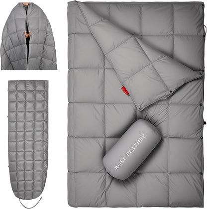 Down Camping Blanket - Lightweight, Packable, Warm & Puffy Outdoor Travel Quilt for Sleep, Hiking, Backpacking, Stadium, Festivals, Water-Resistant Sleeping Bag 55"x79"