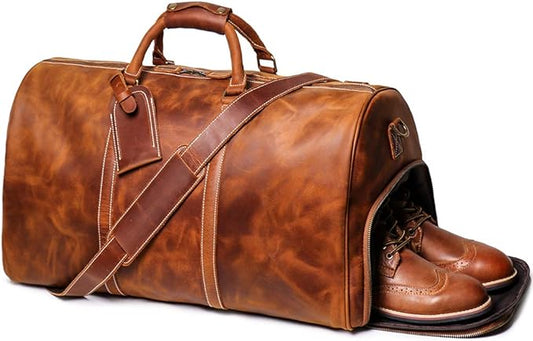 24 Inch Leather Travel Weekend Luggage Bag, Mens Duffle Retro Carry on Handbag (Brown)