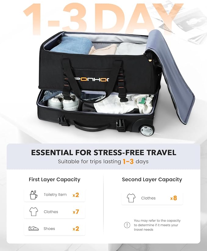 22 Inch Rolling Duffle Bag with Wheels for Men - Water Resistant Wheeled Duffle Bag for Weekend Travel & Overnight Trips, Black