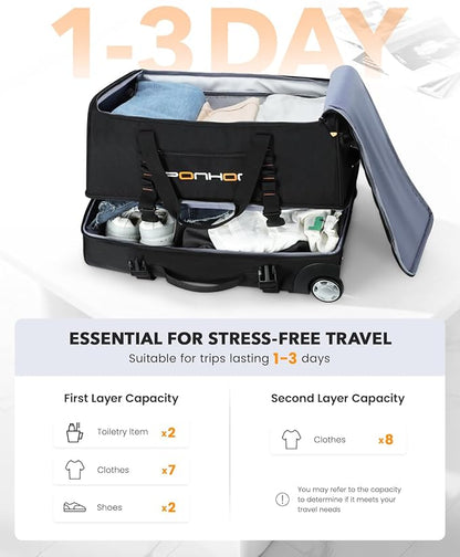22 Inch Rolling Duffle Bag with Wheels for Men - Water Resistant Wheeled Duffle Bag for Weekend Travel & Overnight Trips, Black