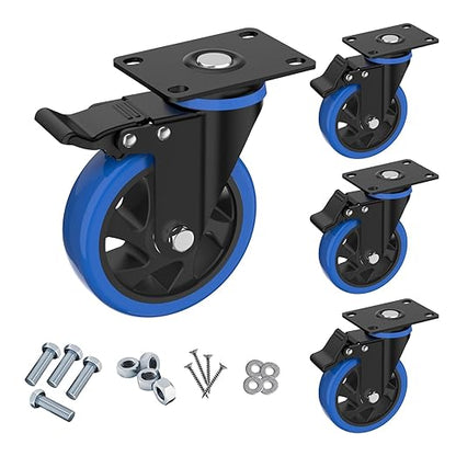 5'' Caster Wheels with Brake, Heavy Duty Casters Set of 4, Swivel Top Plate Casters with Double Ball Bearings, Industrial Locking Castor Wheels for Furniture, Workbench, Cabinet