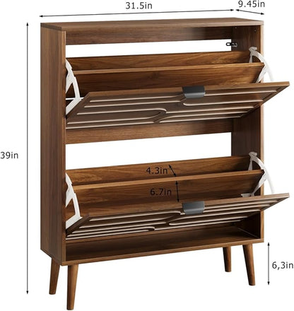 Vibe & Dine Modern Shoe Cabinet with 2 Flip Drawers, Shoe Storage Organizer for Entryway Slim, Freestanding Wood Shoe Rack Cabinet for Hallway, Bedroom, Living Room, Walnut