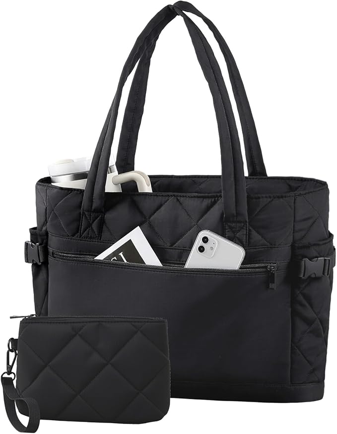 Puffer Tote Bag for Women, Work Bag with Cup Holder, Teacher Bag with Compartments, Quilted Tote Bag with Zipper for Travel