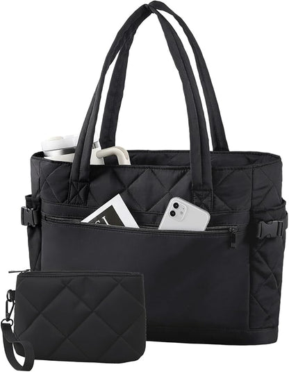 Puffer Tote Bag for Women, Work Bag with Cup Holder, Teacher Bag with Compartments, Quilted Tote Bag with Zipper for Travel