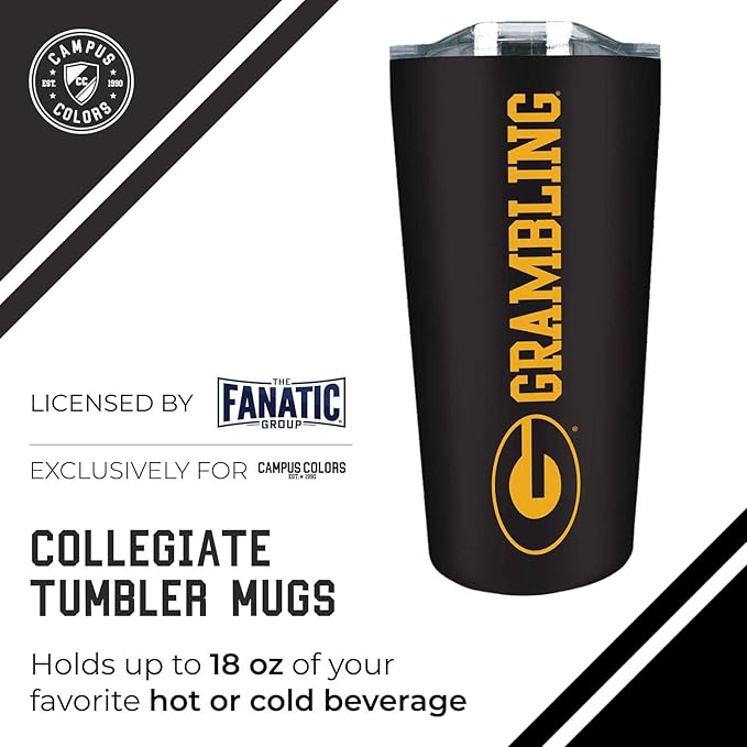 Campus Colors NCAA Stainless Steel Tumbler perfect for Gameday - 18 oz - Double Walled - Keeps Drinks Perfectly Insulated (Grambling State University - Black)
